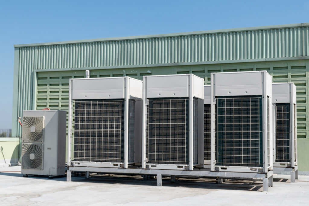 Compressors, air conditioners on the roof of the office building